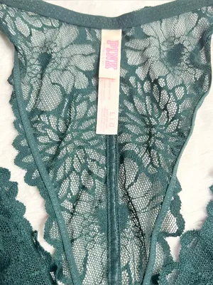 VS PINK Dark Green Lace Racerback Bralette Wireless Comfort Bra Size Large thumbnail 7