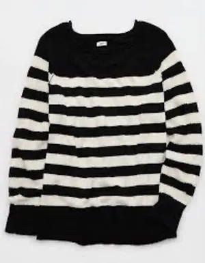 Aerie Bistro Sweater‎ Womens Large Black White Striped Oversized Knit Scoop Neck thumbnail 1