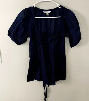 American Eagle black navy blue striped short sleeved puffed‎ sleeves cotton thumbnail 1