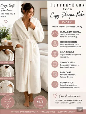 Pottery Barn Teen Cozy Sherpa Hooded Robe Ivory M/L Plush Spa Bathrobe thumbnail 2