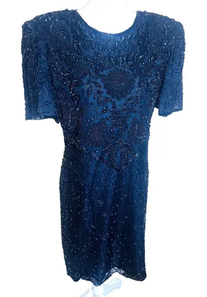 Vintage 90s Laurence Kazar Silk Dress Black fully Beaded Statement Formal XL‎ thumbnail 1