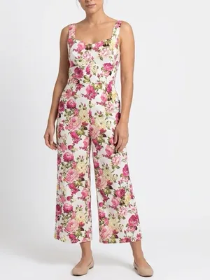 eesome Cream Floral Square-Neck Wide-Leg Jumpsuit with Pink Roses thumbnail 2
