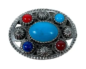 VTG Southwest Look Silver Toned Faux Turquoise Coral Red Blue Stoned Brooch Pin thumbnail 1