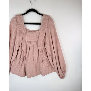Free People Womens Top Pink Bonnie Ruffle Plaid Babydoll Blouse Stretch Boho XS thumbnail 7