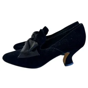 Dolcis Black Velvet Bow Kitten Heel Pumps Women's 7M Vintage Dress Shoes thumbnail 3