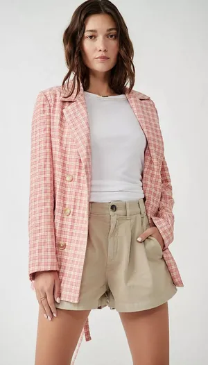 [Free People] Pink Olivia Gingham Plaid Oversized Double Breasted Blazer Large L thumbnail 1