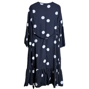 Black White Polka Dot Ruffled Hem Midi Dress Flowy Retro Mod Belted Women Size M thumbnail 2