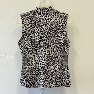 Calvin‎ Klein Leopard Animal Print Sleeveless V-Neck Blouse Top White Black Med thumbnail 2