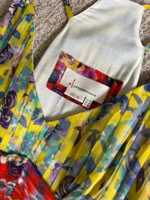 Anthropologie Yellow Floral Pleated Dress with Purple and Teal Accents size 0 thumbnail 2