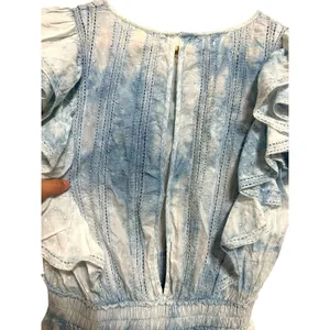 Cottagecore Boho LoveShackFancy Cotton Tie Dye Lace Ruffle Mini‎ Dress Blue XS thumbnail 7
