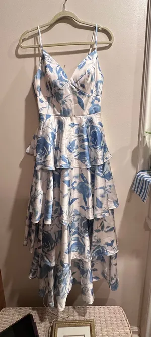 Blue & White Floral Tiered Maxi Dress with Spaghetti Straps thumbnail 1