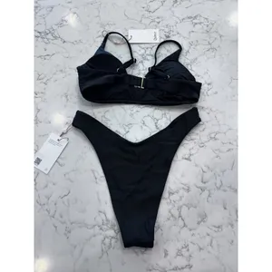 NWT Quince Black Italian V Neck Bikini Top & High Rise High Leg Bottom Set Small thumbnail 2