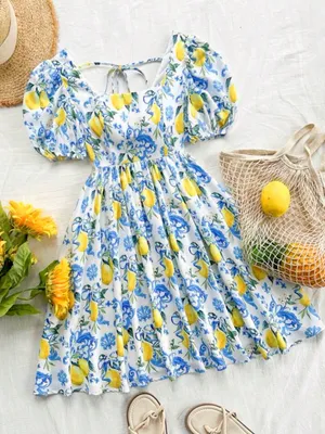 SHEIN Lemon Print Babydoll Dress thumbnail 1