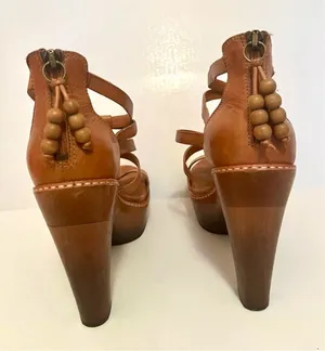 Ugg Tan Leather Woven Stack Heels Sandals  thumbnail 2