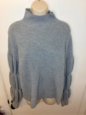 Hem & Thread Gray Ribbed Mock Neck Balloon Sleeve Sweater Size Large thumbnail 3
