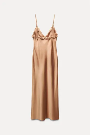 Zara maxi dress bodycon slip satin ruffle carmel evening wedding cocktail thumbnail 19