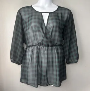 Torrid Sheer Top Plus Size 3 3X Green Black Checkered Gingham Peasant Babydoll thumbnail 1