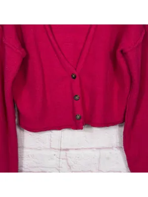 Free People Women’s Hot Pink Cropped Button Cardigan Size Large thumbnail 2