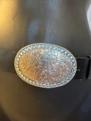 Black Leather Belt with Decorative Silver-Tone Oval Buckle & Rhinestones Sz: S thumbnail 3
