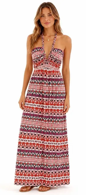Boston Proper Ikat Geometric Maxi Dress Red Boho Braided T-Back Size S thumbnail 1