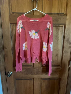 Show Me Your MuMu Coral Pink Floral Distressed Crewneck Sweater Size medium thumbnail 3