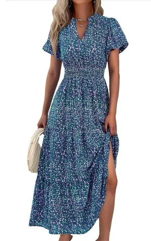 NEW Puff Short Sleeve Smocked Ruffle Flowy Midi Floral Dress S thumbnail 4