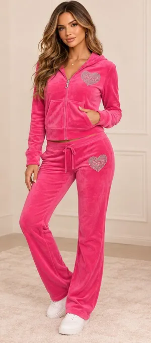 Juicy Couture Pink Velour Rhinestone Heart Tracksuit Set Hoodie Pants L NWT thumbnail 1