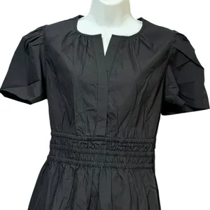 Quince Organic Cotton Poplin Tiered Mini Dress Black Short Sleeve‎ Smocked M thumbnail 5