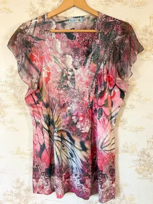 Y2K Unity World Wear Pink Embellished Butterfly Flutter Sleeve Going Out Top L thumbnail 1
