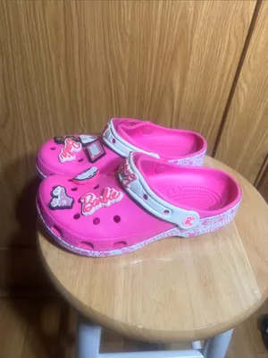 CROCS Hot Pink Sandal Clogs with White Heel Strap and Barbie Charms thumbnail 2