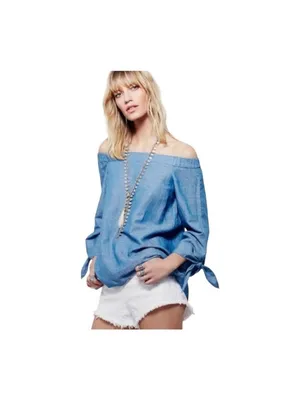 Free People Show Me Some Shoulder Chambray Top Blue Size L Minimalist Boho Beach thumbnail 7