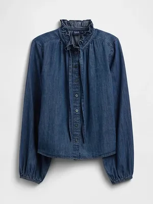 Gap Relaxed Denim Top Size XS 100% Cotton Long Puff Sleeve Button Front Preppy thumbnail 7