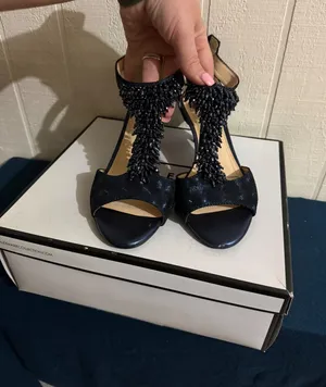 Alex Marie Navy Blue Beaded T-Strap Kitten Heels Peep Toe Evening Sandals 8.5M thumbnail 1