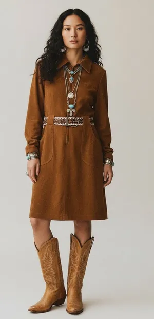Vintage Amanda Smith Faux Suede Shirt Dress With Boho Braided Belt Tan Size 10 thumbnail 1
