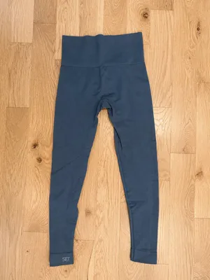 SET Active Blue High-Waisted Seamless Leggings Sz M Nylon Spandex Logo Ankle Gym thumbnail 2