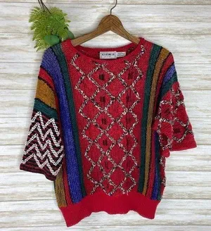 Vintage Rainbow Color Open Knit Half Sleeve Sweater Tee thumbnail 1