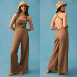 NEW Reformation Autumn Linen Jumpsuit Size 4‎ Mushroom Brown Wide Leg One Piece thumbnail 2