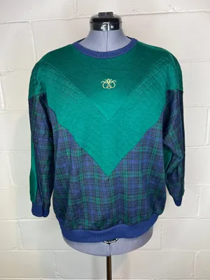 sweatshirt plaid chevron quilted green navy shoulder pads 1980s thumbnail 1