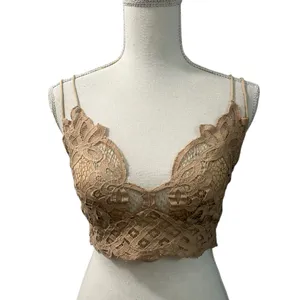 Free People One Adella Bralette Crochet Lace Tan Camel Nude Cross Strap Boho M thumbnail 2