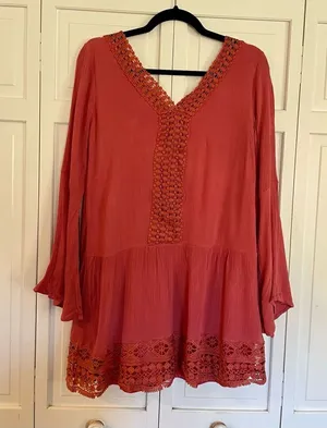 Altar’d state orange coral crochet trim bell sleeve dress m thumbnail 1
