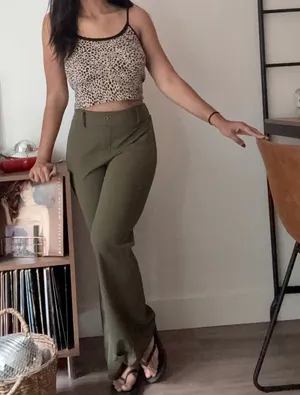 Rewash Olive Green‎ Wide Leg Flare High Waisted Trousers Pants Size M Back thumbnail 1