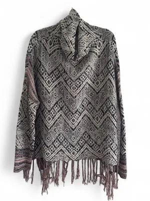 Boho Fringe Pullover Sweater - Navy & Gray Aztec Pattern Tribal Drapey Size 2XL thumbnail 1