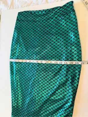 Mermaid Skirt floor length, green metallic fish scales pattern, lined, size S thumbnail 5