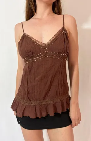 Xhilaration Brown Boho Beaded Babydoll Y2K Cami thumbnail 1