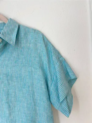 Lauren Ralph Lauren Blue Striped 100% Linen Button Down Blouse Women's Medium thumbnail 6