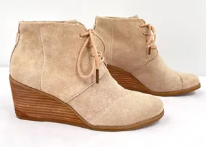 Toms Hyde Sand Suede Leather Creamy Tan Lace Up Wedge Heel Ankle Bootie Size 8 thumbnail 1