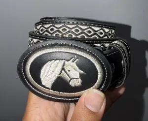 Vintage Leather Mexican Belt Size 26 YAC BLACK AND WHITE Pony Horse Bronco thumbnail 1