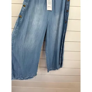 For The Republic Chambray Size M Wide Leg Side Button Frayed Hem Ankle thumbnail 6