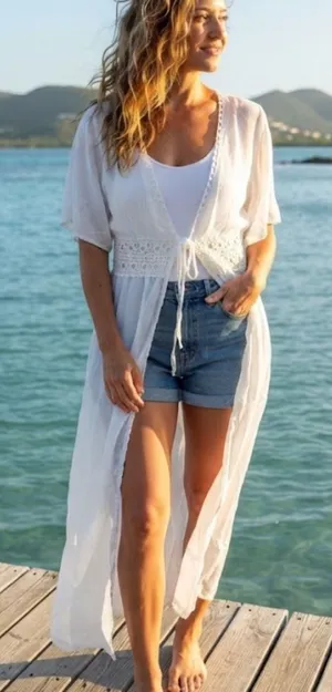 White Sheer Kimono with Crochet Detailing thumbnail 1