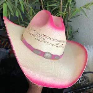 Vintage rare pink ombre western cowgirl/cowboy straw hat with silver tone hardware Size L thumbnail 5